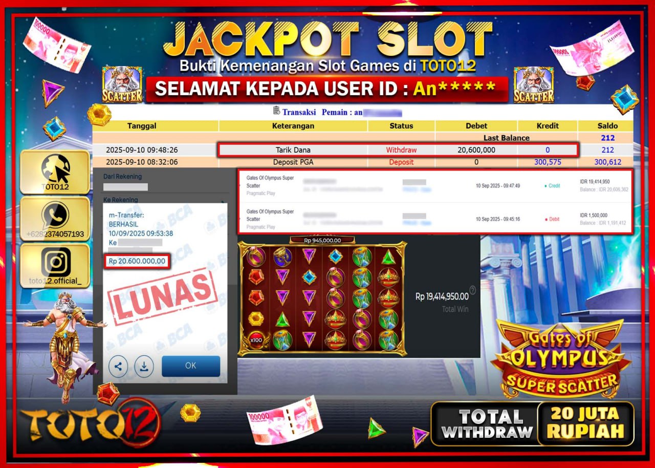 HANYA DI TOTO12 JP PASTI DI BAYAR LUNAS DAN CEPAT!!!!!! JACKPOT SLOT GAME (GATES OF OLMPUS SUPER SCATTER) Rp.20.600.000 !!!!