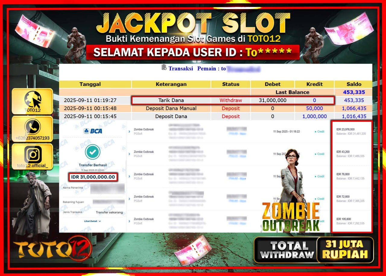 HANYA DI TOTO12 JP PASTI DI BAYAR LUNAS DAN CEPAT!!!!!! JACKPOT SLOT GAME (ZOMBIE OUTBREAK) Rp.31.000.000 !!!!