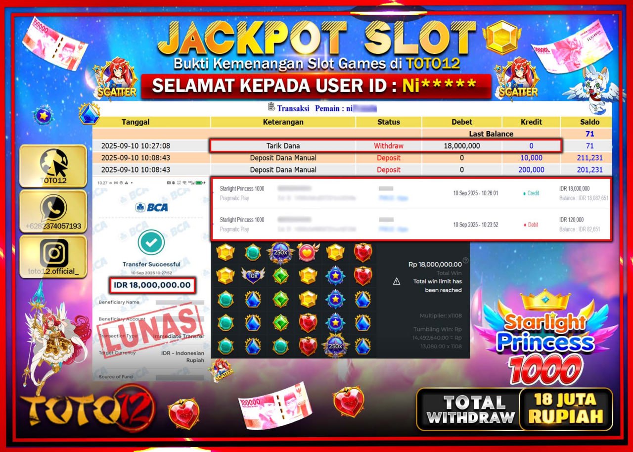 HANYA DI TOTO12 JP PASTI DI BAYAR LUNAS DAN CEPAT!!!!!! JACKPOT SLOT GAME (STARLIGHT PRINCESS 1000) Rp.18.000.000 !!!!