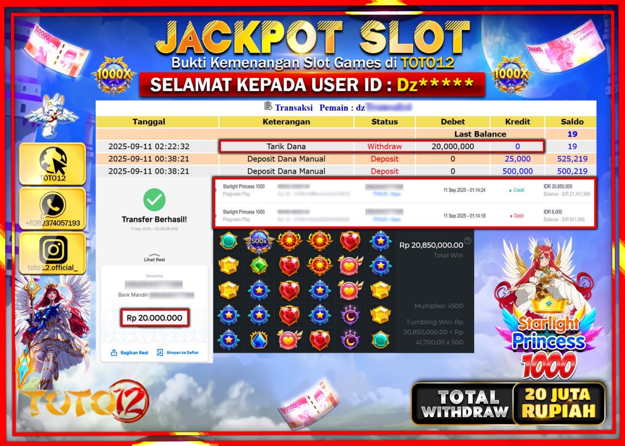 HANYA DI TOTO12 JP PASTI DI BAYAR LUNAS DAN CEPAT!!!!!! JACKPOT SLOT GAME (STARLIGHT PRINCESS 1000) Rp.20.000.000 !!!!