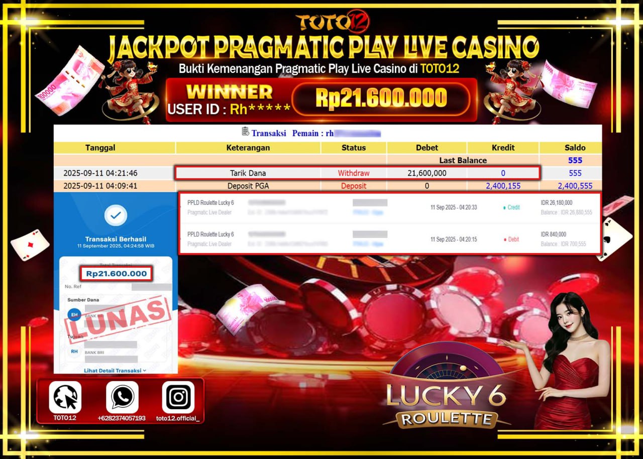 HANYA DI TOTO12 JP PASTI DI BAYAR LUNAS DAN CEPAT!!!!!! JACKPOT PRAGMATIC PLAY LIVE CASINO (ROULETTE LUCKY 6) Rp.21.600.000 !!!!