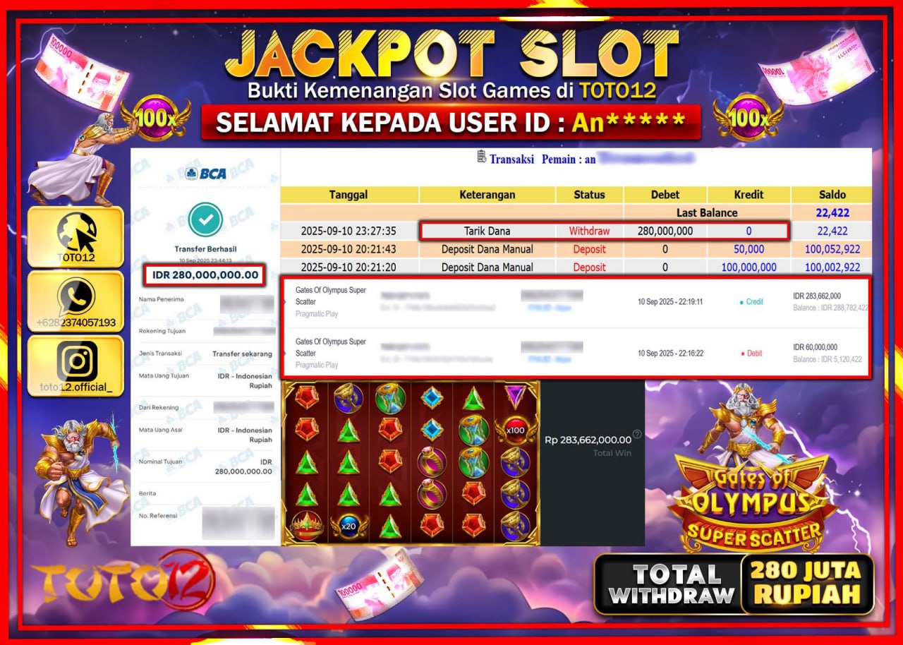 HANYA DI TOTO12 JP PASTI DI BAYAR LUNAS DAN CEPAT!!!!!! JACKPOT SLOT GAME (GATES OF OLYMPUS SUPER SCATTER) Rp.280.000.000 !!!!