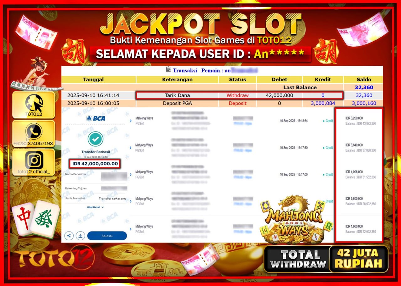 HANYA DI TOTO12 JP PASTI DI BAYAR LUNAS DAN CEPAT!!!!!! JACKPOT SLOT GAME (MAHJONG WAYS) Rp.42.000.000 !!!!