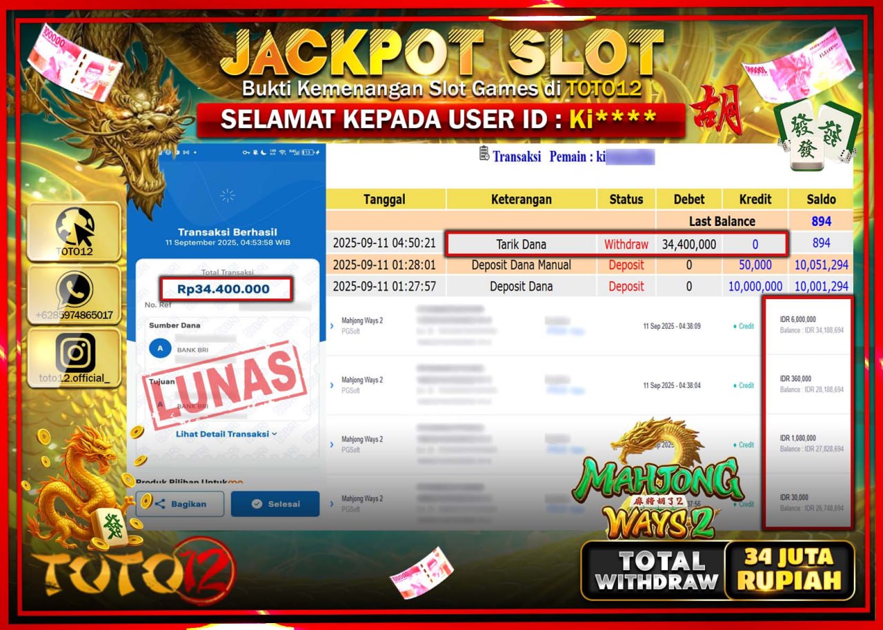 HANYA DI TOTO12 JP PASTI DI BAYAR LUNAS DAN CEPAT!!!!!! JACKPOT SLOT GAME (MAHJONG WAYS 2) Rp.34.400.000 !!!!