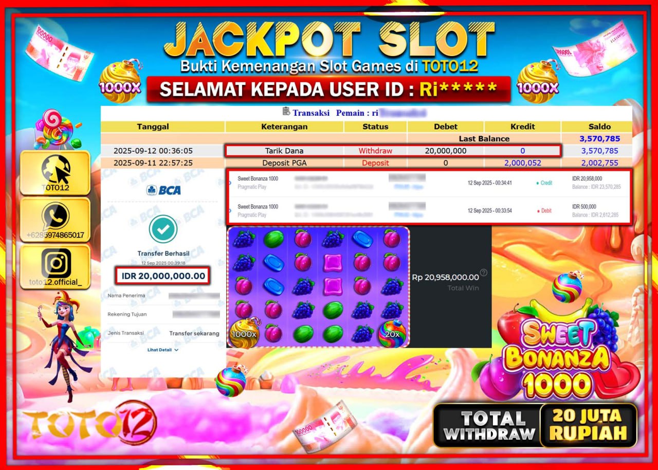 HANYA DI TOTO12 JP PASTI DI BAYAR LUNAS DAN CEPAT!!!!!! JACKPOT SLOT GAME (SWEET BONANZA 1000) Rp.20.000.000 !!!!
