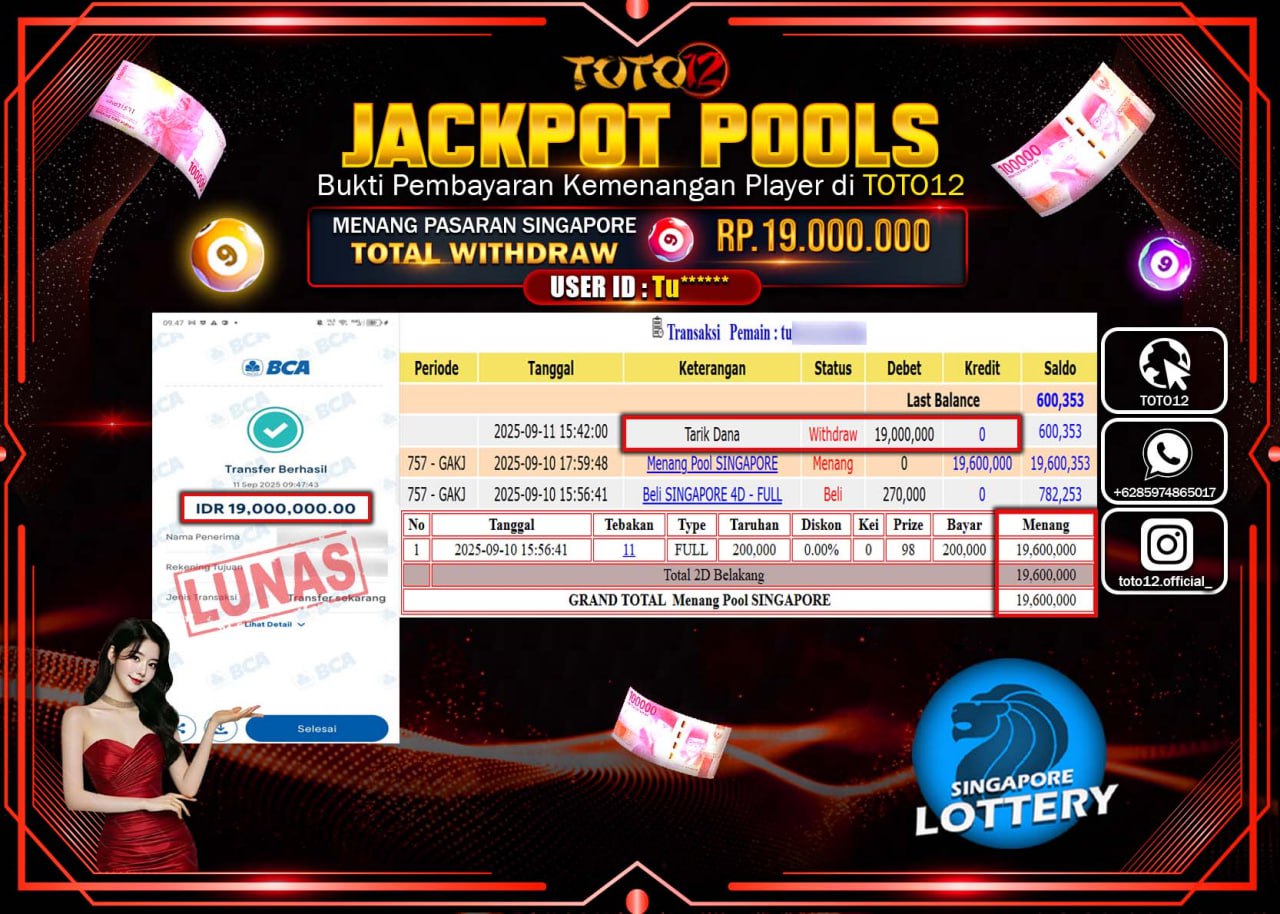 HANYA DI TOTO12 JP PASTI DI BAYAR LUNAS DAN CEPAT!!!!!! JACKPOT POOLS PASARAN (SINGAPORE) Rp.19.000.000 !!!!