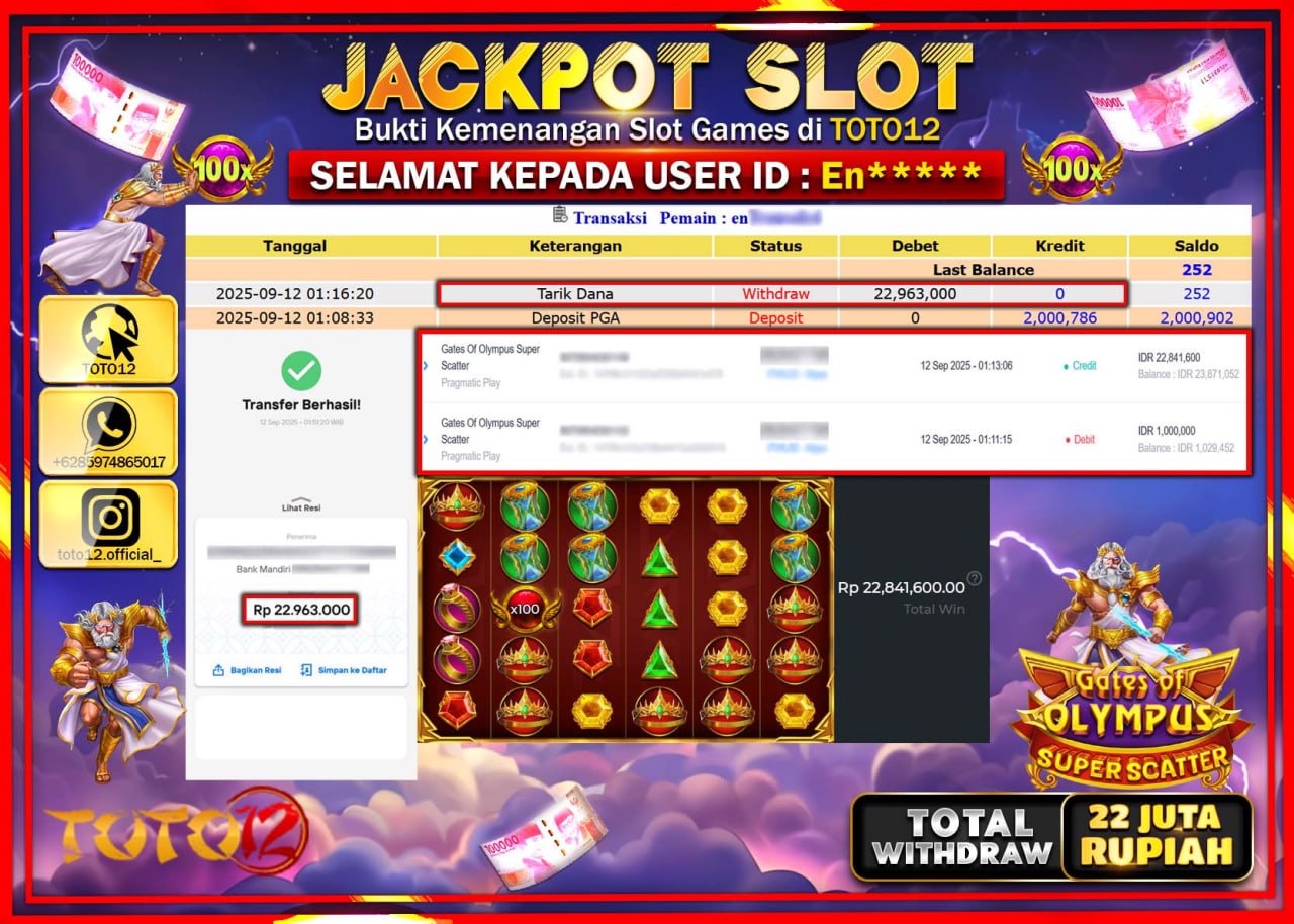 HANYA DI TOTO12 JP PASTI DI BAYAR LUNAS DAN CEPAT!!!!!! JACKPOT SLOT GAME (GATES OF OLYMPUS SUPER SCATTER) Rp.22.963.000 !!!!