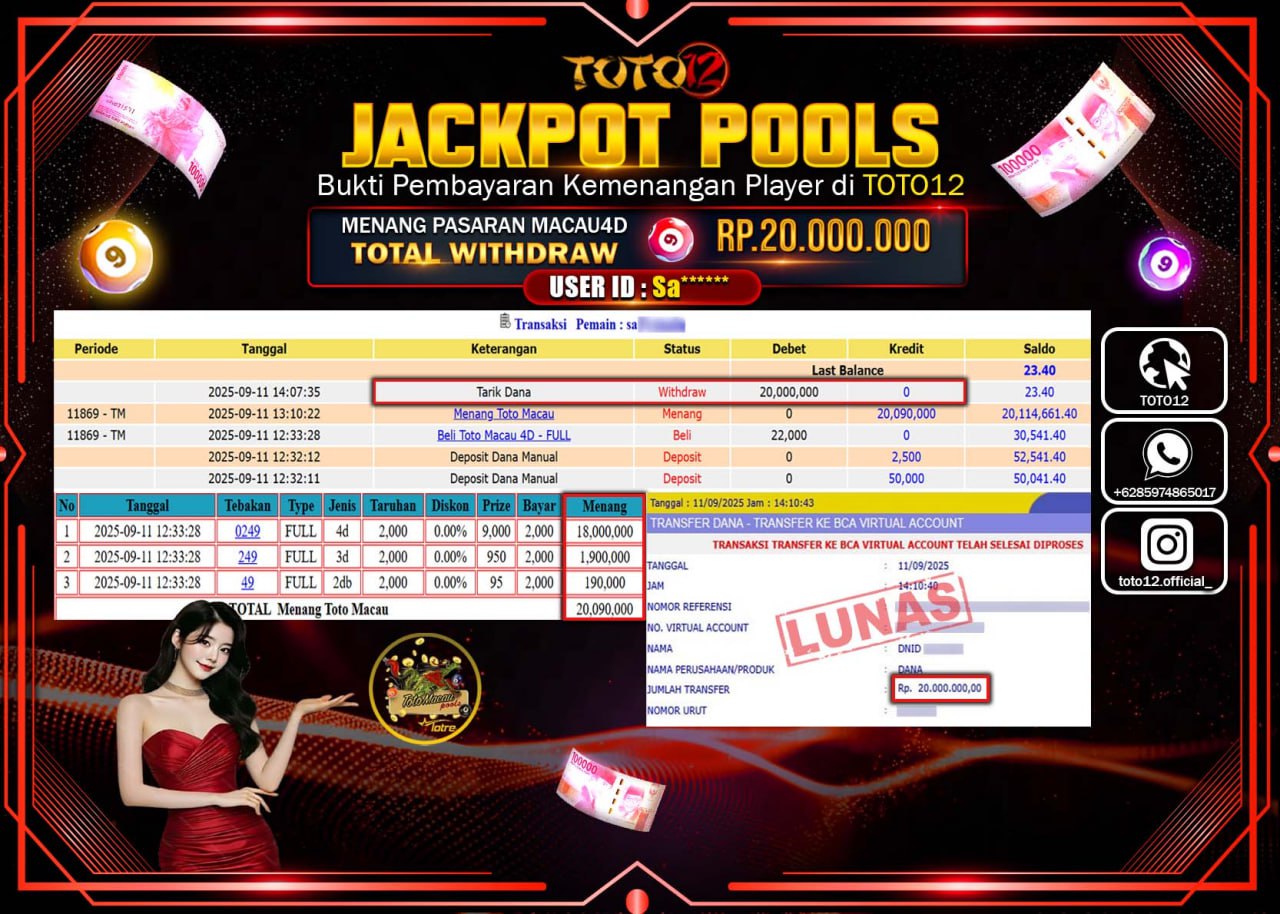 HANYA DI TOTO12 JP PASTI DI BAYAR LUNAS DAN CEPAT!!!!!! JACKPOT POOLS PASARAN (MACAU 4D) Rp.20.000.000 !!!!