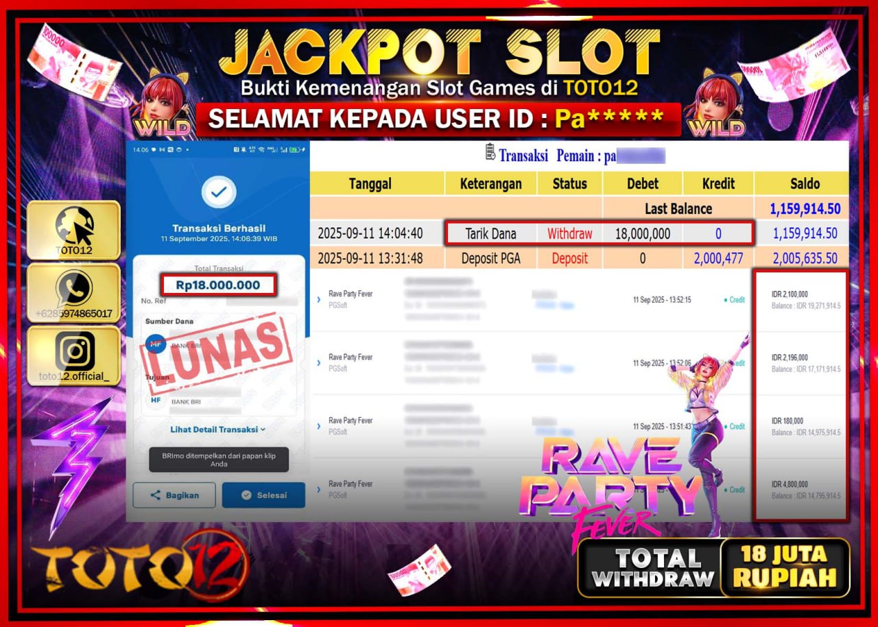 HANYA DI TOTO12 JP PASTI DI BAYAR LUNAS DAN CEPAT!!!!!! JACKPOT SLOT GAME (RAVE PARTY FEVER) Rp.18.000.000 !!!!