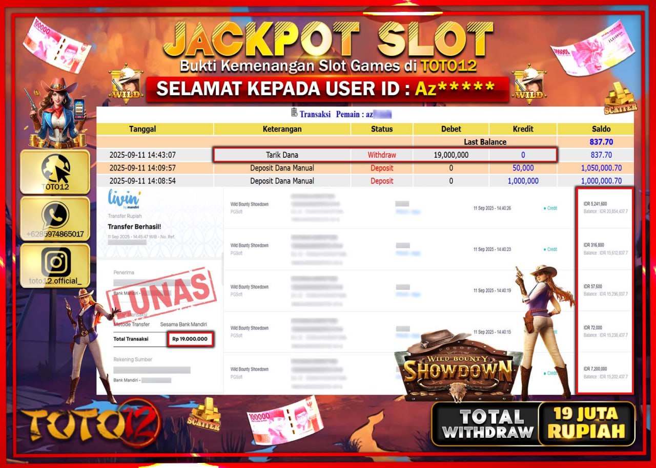 HANYA DI TOTO12 JP PASTI DI BAYAR LUNAS DAN CEPAT!!!!!! JACKPOT SLOT GAME (WILD BOUNTY SHOWDOWN) Rp.19.000.000 !!!!