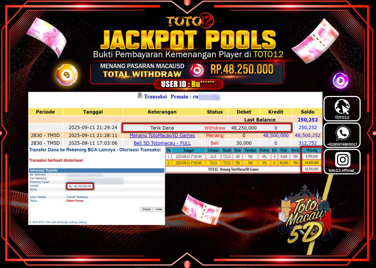 HANYA DI TOTO12 JP PASTI DI BAYAR LUNAS DAN CEPAT!!!!!! JACKPOT POOLS PASARAN (MACAU 5D) Rp.48.250.000 !!!!