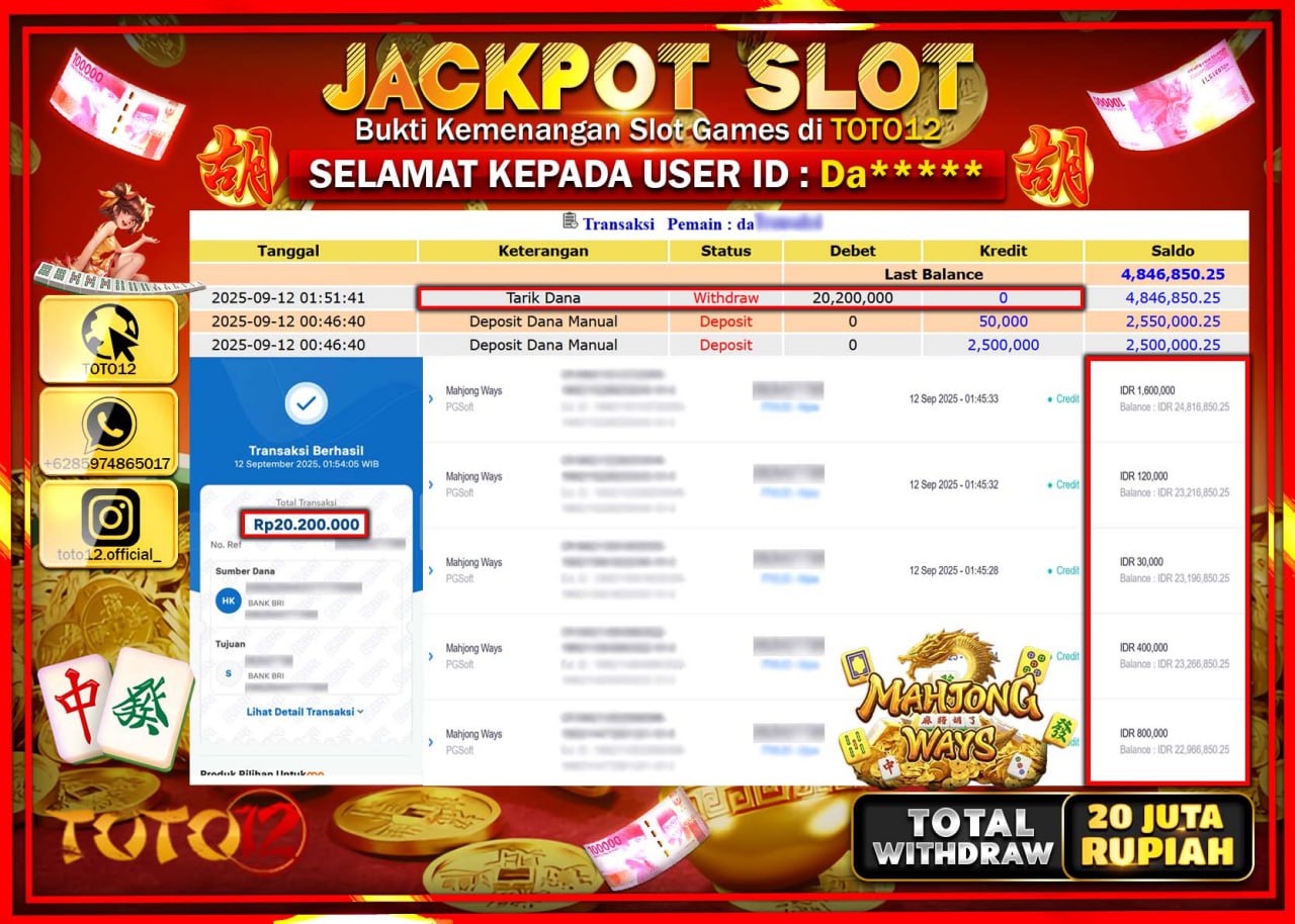HANYA DI TOTO12 JP PASTI DI BAYAR LUNAS DAN CEPAT!!!!!! JACKPOT SLOT GAME (MAHJONG WAYS) Rp.20.200.000 !!!!