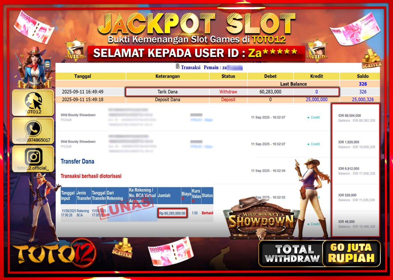 HANYA DI TOTO12 JP PASTI DI BAYAR LUNAS DAN CEPAT!!!!!! JACKPOT SLOT GAME (WILD BOUNTY SHOWDOWN) Rp.60.283.000 !!!!