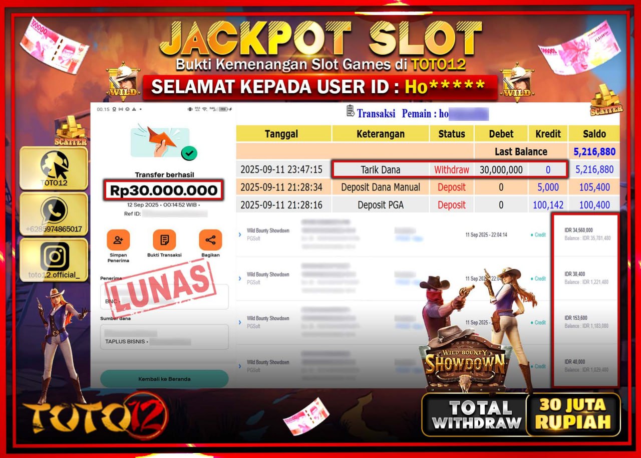HANYA DI TOTO12 JP PASTI DI BAYAR LUNAS DAN CEPAT!!!!!! JACKPOT SLOT GAME (WILD BOUNTY SHOWDOWN) Rp.30.000.000 !!!!
