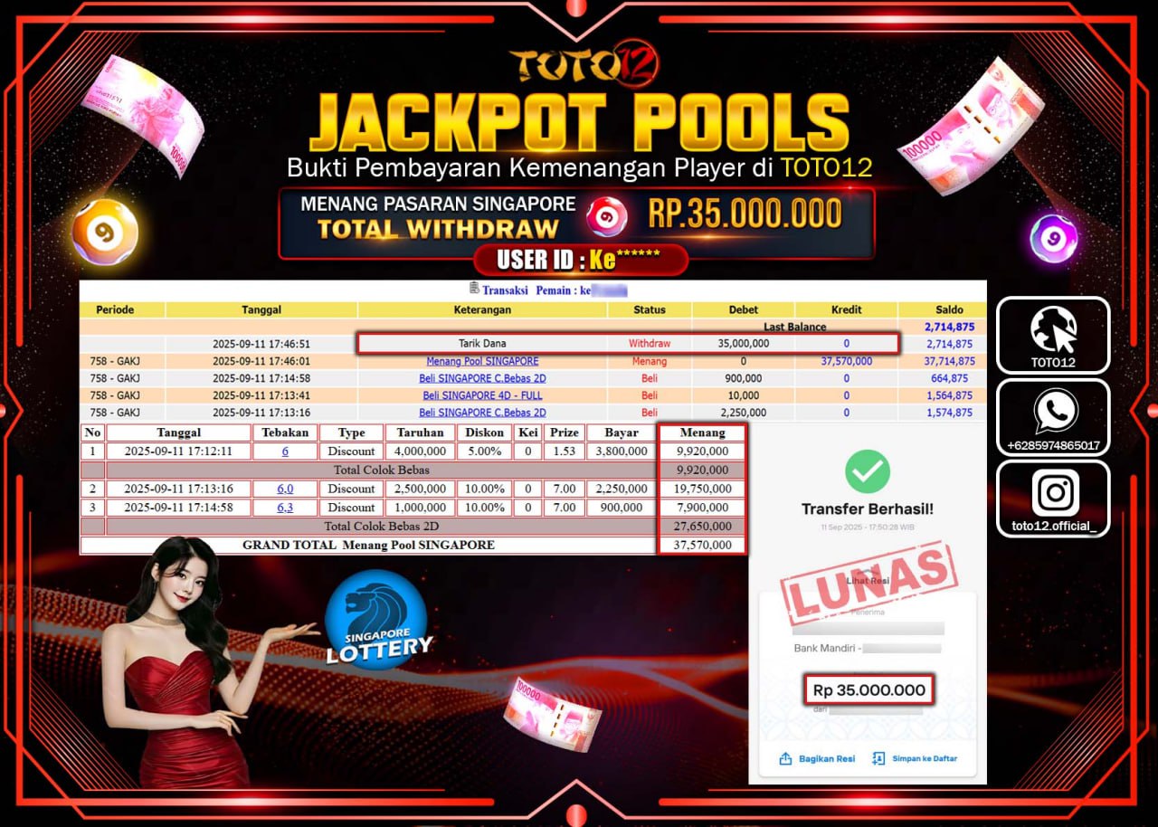 HANYA DI TOTO12 JP PASTI DI BAYAR LUNAS DAN CEPAT!!!!!! JACKPOT POOLS PASARAN (SINGAPORE) Rp.35.000.000 !!!!