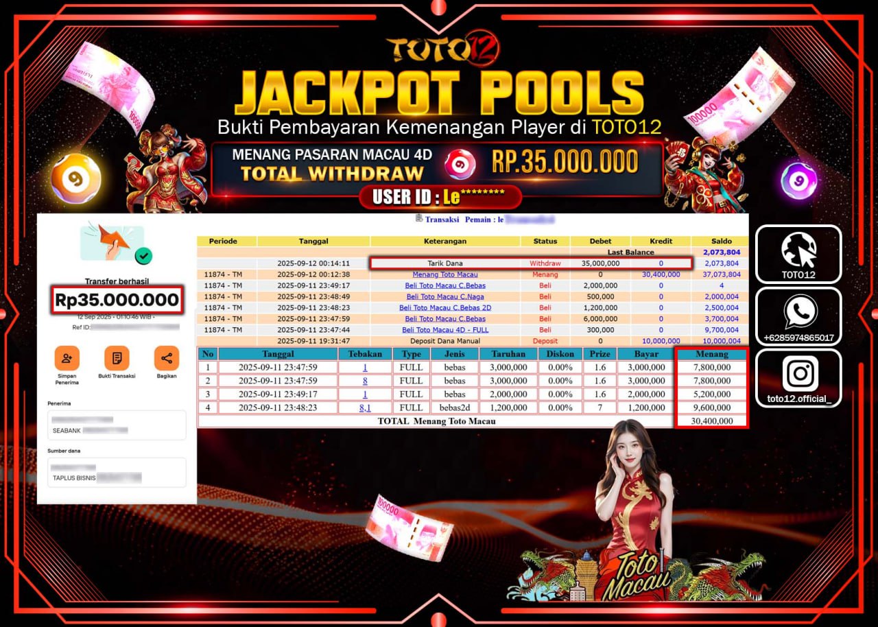 HANYA DI TOTO12 JP PASTI DI BAYAR LUNAS DAN CEPAT!!!!!! JACKPOT POOLS PASARAN ( MACAU 4D) Rp.35.000.000 !!!!