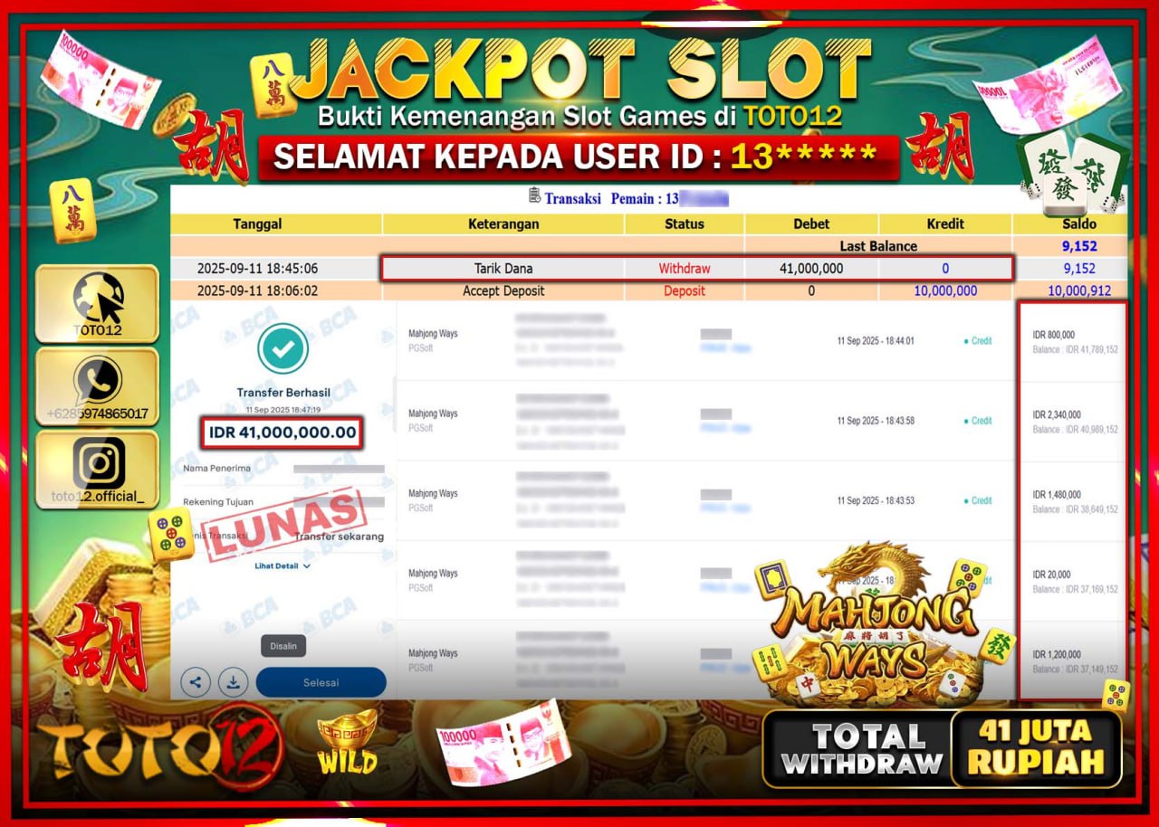 HANYA DI TOTO12 JP PASTI DI BAYAR LUNAS DAN CEPAT!!!!!! JACKPOT SLOT GAME (MAHJONG WAYS) Rp.41.000.000 !!!!