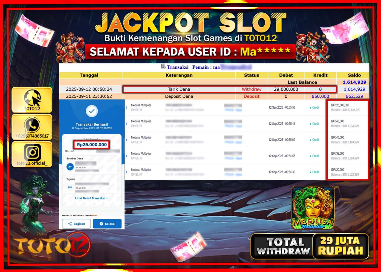 HANYA DI TOTO12 JP PASTI DI BAYAR LUNAS DAN CEPAT!!!!!! JACKPOT SLOT GAME (MEDUSA MULTIPLIER) Rp.29.000.000 !!!!