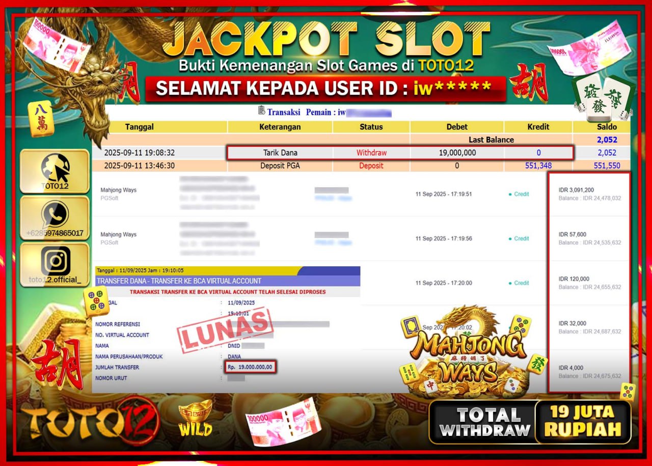 HANYA DI TOTO12 JP PASTI DI BAYAR LUNAS DAN CEPAT!!!!!! JACKPOT SLOT GAME (MAHJONG WAYS) Rp.19.000.000 !!!!
