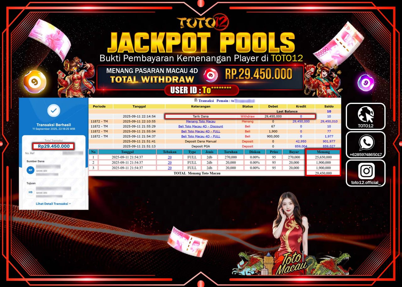 HANYA DI TOTO12 JP PASTI DI BAYAR LUNAS DAN CEPAT!!!!!! JACKPOT POOLS PASARAN (MACAU 4D) Rp.29.450.000 !!!!