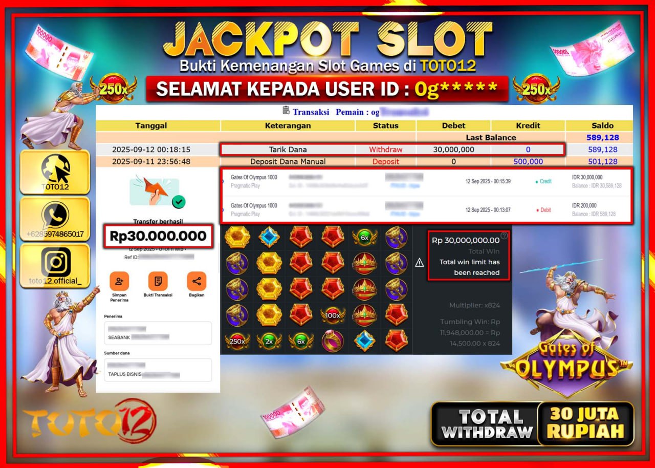 HANYA DI TOTO12 JP PASTI DI BAYAR LUNAS DAN CEPAT!!!!!! JACKPOT SLOT GAME (GATES OF OLYMPUS) Rp.30.000.000 !!!!