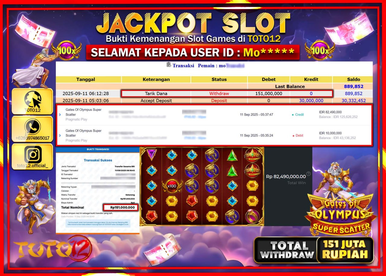 HANYA DI TOTO12 JP PASTI DI BAYAR LUNAS DAN CEPAT!!!!!! JACKPOT SLOT GAME (GATES OF OLYMPUS SUPER SCATTER) Rp.151.000.000 !!!!