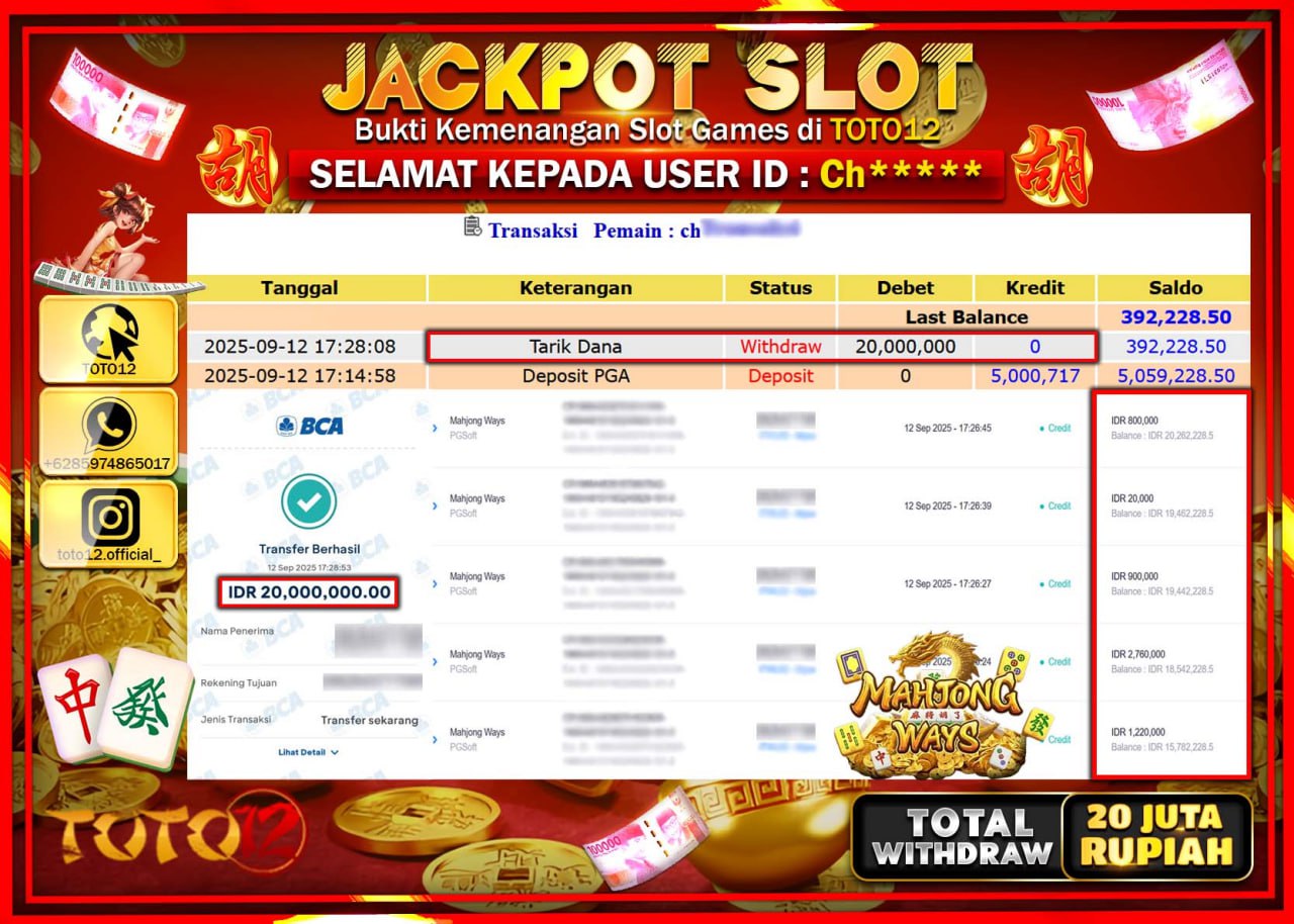 HANYA DI TOTO12 JP PASTI DI BAYAR LUNAS DAN CEPAT!!!!!! JACKPOT SLOT GAME (MAHJONG WAYS) Rp.20.000.000 !!!!