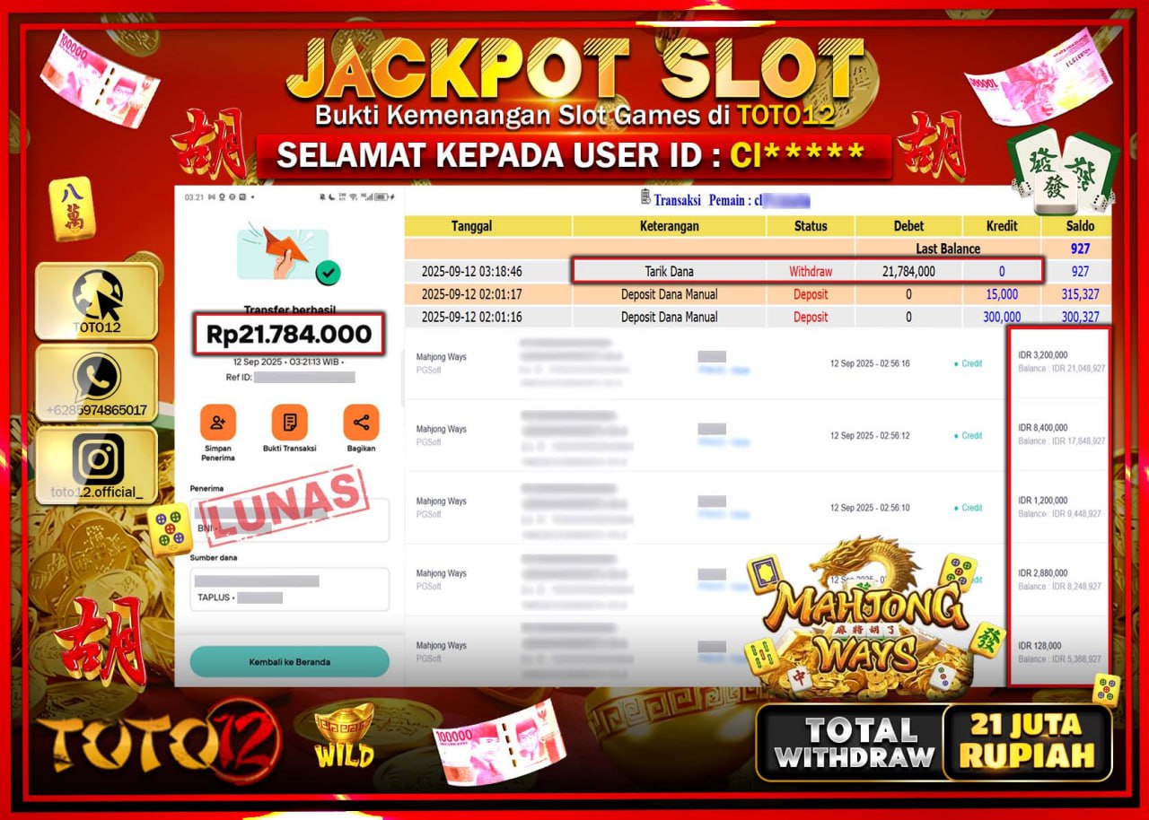 HANYA DI TOTO12 JP PASTI DI BAYAR LUNAS DAN CEPAT!!!!!! JACKPOT SLOT GAME (MAHJONG WAYS) Rp.21.784.000 !!!!