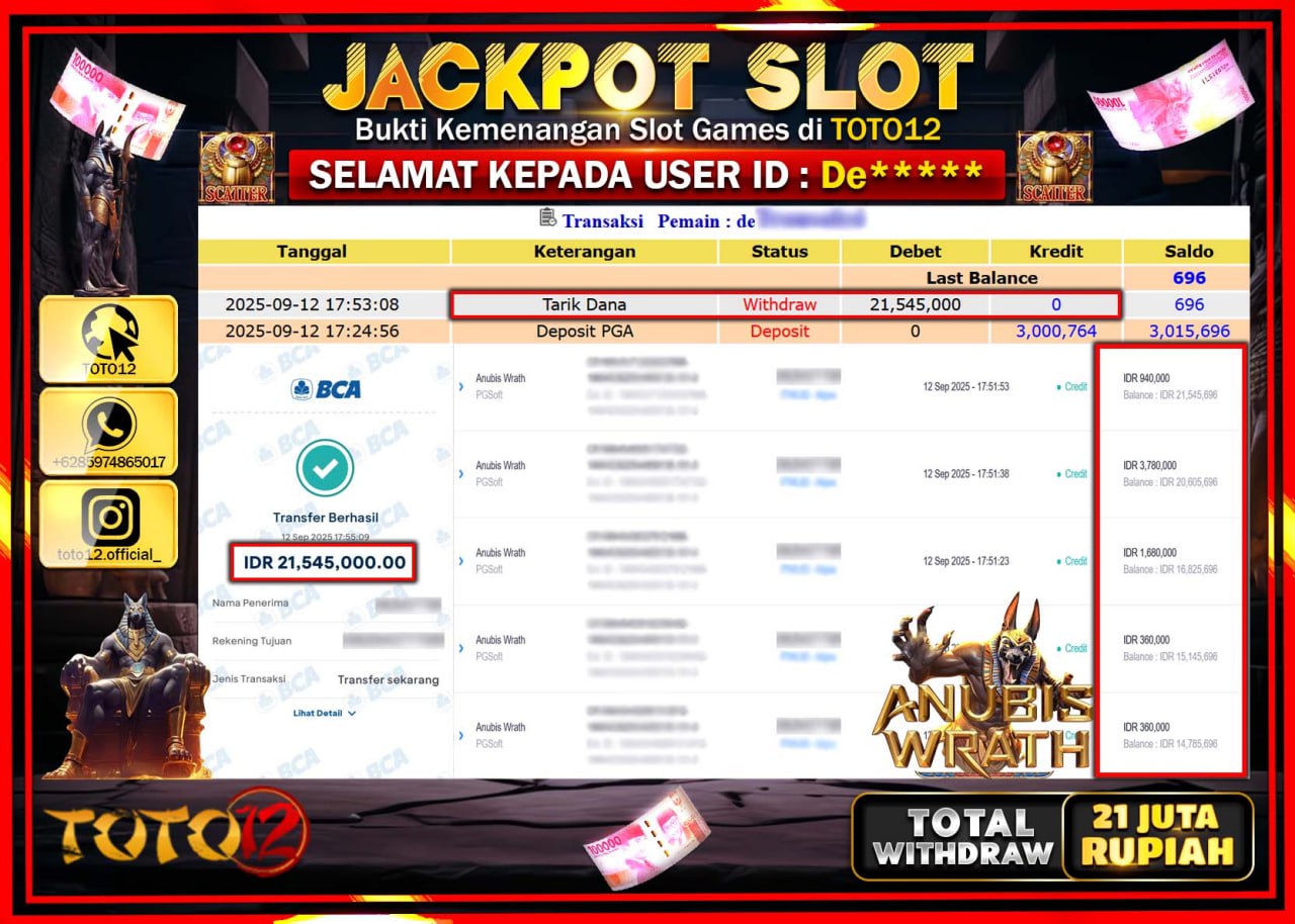 HANYA DI TOTO12 JP PASTI DI BAYAR LUNAS DAN CEPAT!!!!!! JACKPOT SLOT GAME (ANUBIS WRATH) Rp.21.545.000 !!!!