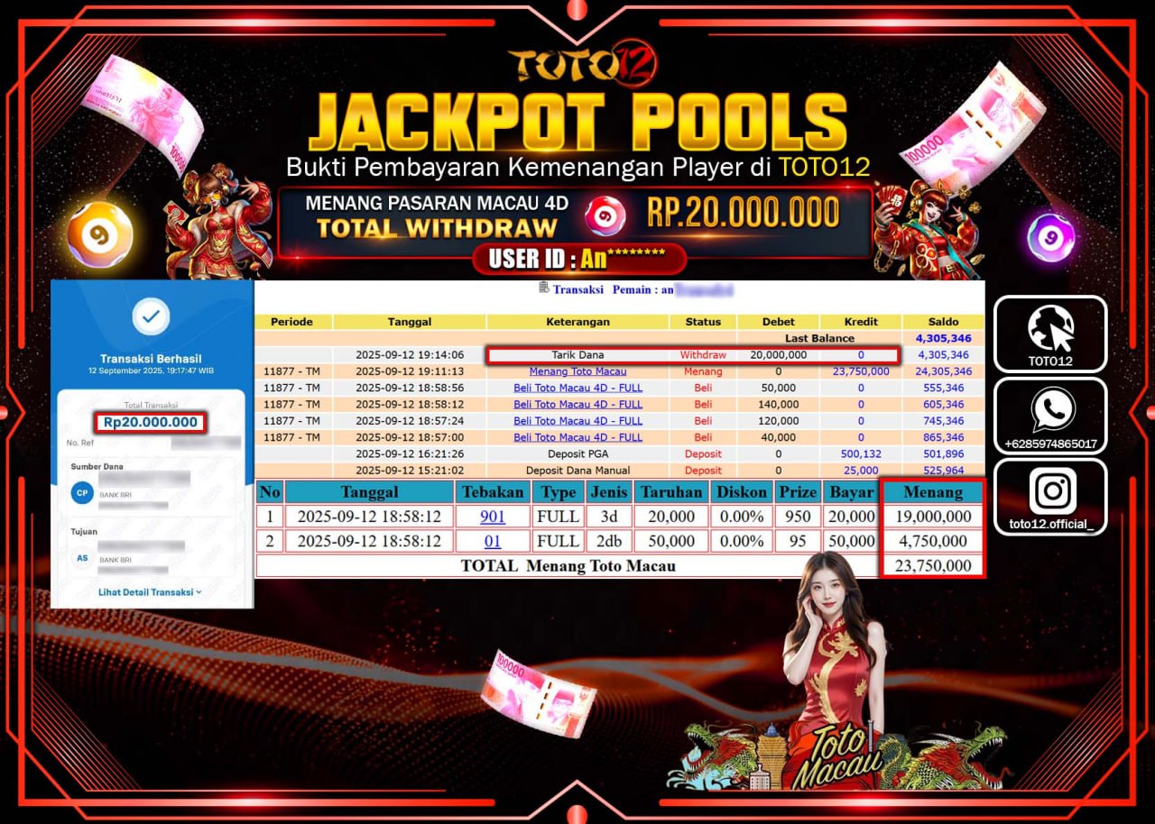 HANYA DI TOTO12 JP PASTI DI BAYAR LUNAS DAN CEPAT!!!!!! JACKPOT POOLS PASARAN (MACAU 4D) Rp.20.000.000 !!!!