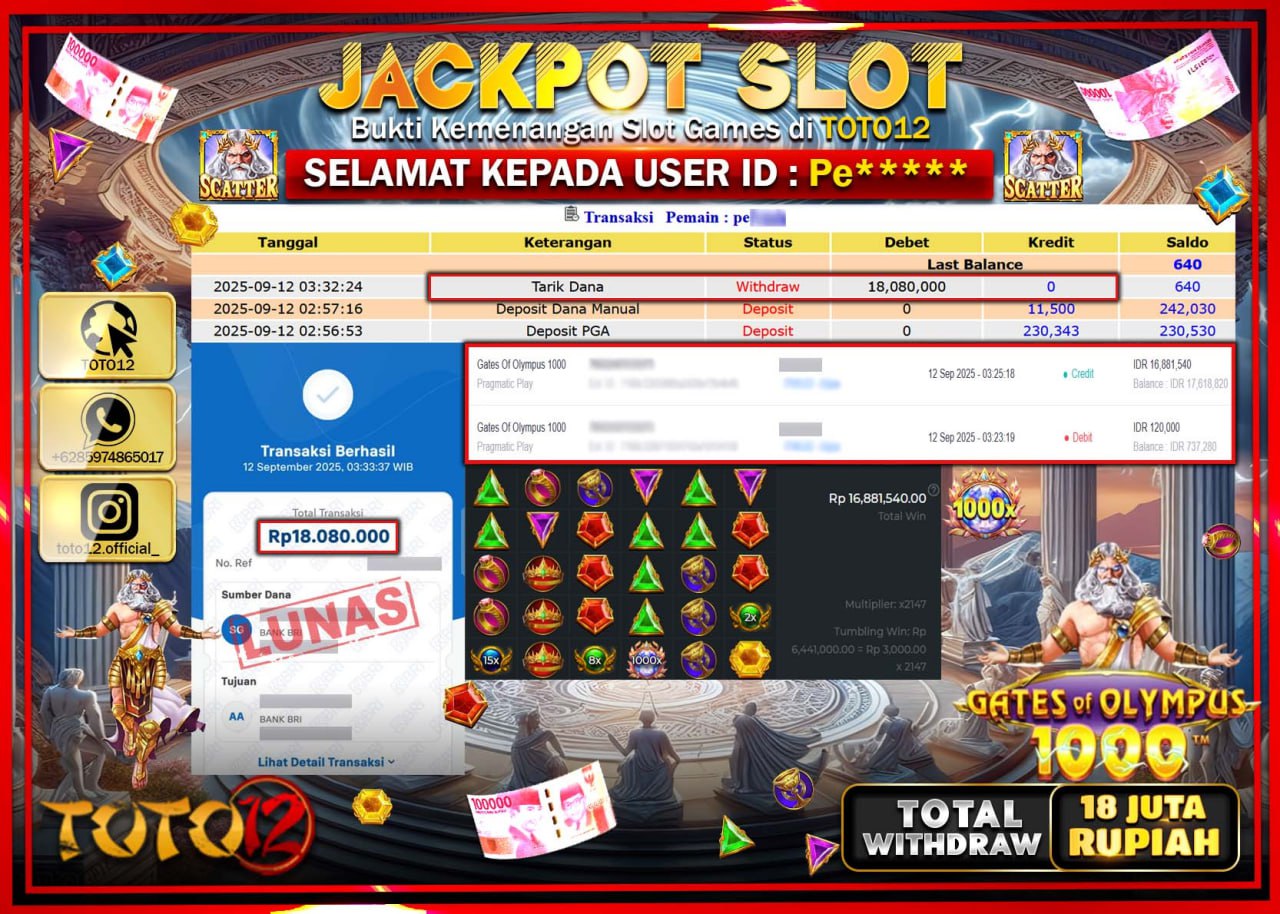 HANYA DI TOTO12 JP PASTI DI BAYAR LUNAS DAN CEPAT!!!!!! JACKPOT SLOT GAME (GATES OF OLYMPUS 1000) Rp.18.080.000 !!!!