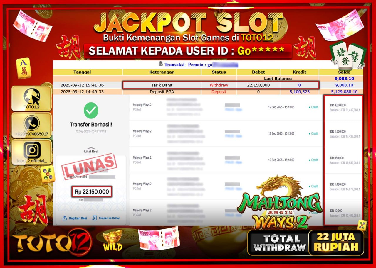 HANYA DI TOTO12 JP PASTI DI BAYAR LUNAS DAN CEPAT!!!!!! JACKPOT SLOT GAME (MAHJONG WAYS) Rp.22.150.000 !!!!