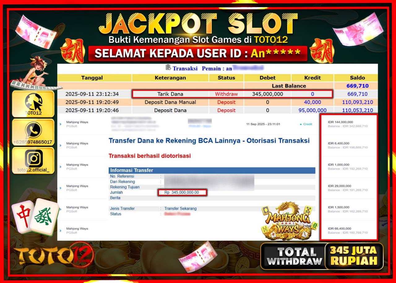 HANYA DI TOTO12 JP PASTI DI BAYAR LUNAS DAN CEPAT!!!!!! JACKPOT SLOT GAME (MAHJONG WAYS) Rp.345.000.000 !!!!