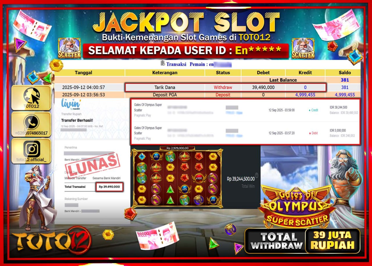 HANYA DI TOTO12 JP PASTI DI BAYAR LUNAS DAN CEPAT!!!!!! JACKPOT SLOT GAME (GATES OF OLYMPUS SUPER SCATTER) Rp.39.490.000 !!!!