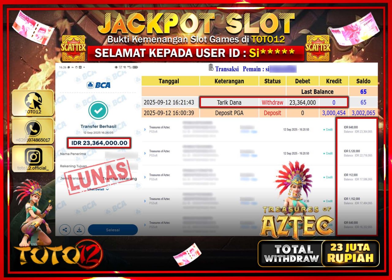 HANYA DI TOTO12 JP PASTI DI BAYAR LUNAS DAN CEPAT!!!!!! JACKPOT SLOT GAME (TREASURES OF AZTEC) Rp.23.364.000 !!!!