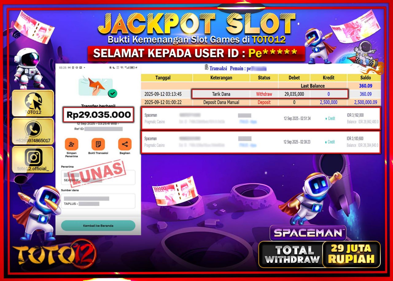 HANYA DI TOTO12 JP PASTI DI BAYAR LUNAS DAN CEPAT!!!!!! JACKPOT SLOT GAME (SPACEMAN) Rp.29.035.000 !!!!