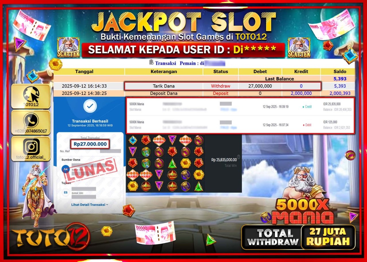HANYA DI TOTO12 JP PASTI DI BAYAR LUNAS DAN CEPAT!!!!!! JACKPOT SLOT GAME (5000X MANIA) Rp.27.000.000 !!!!