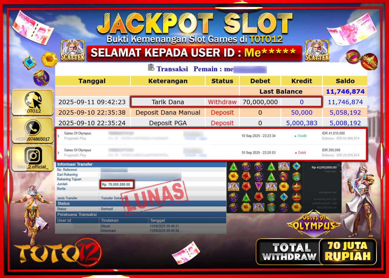HANYA DI TOTO12 JP PASTI DI BAYAR LUNAS DAN CEPAT!!!!!! JACKPOT SLOT GAME (GATES OF OLYMPUS) Rp.70.000.000 !!!!