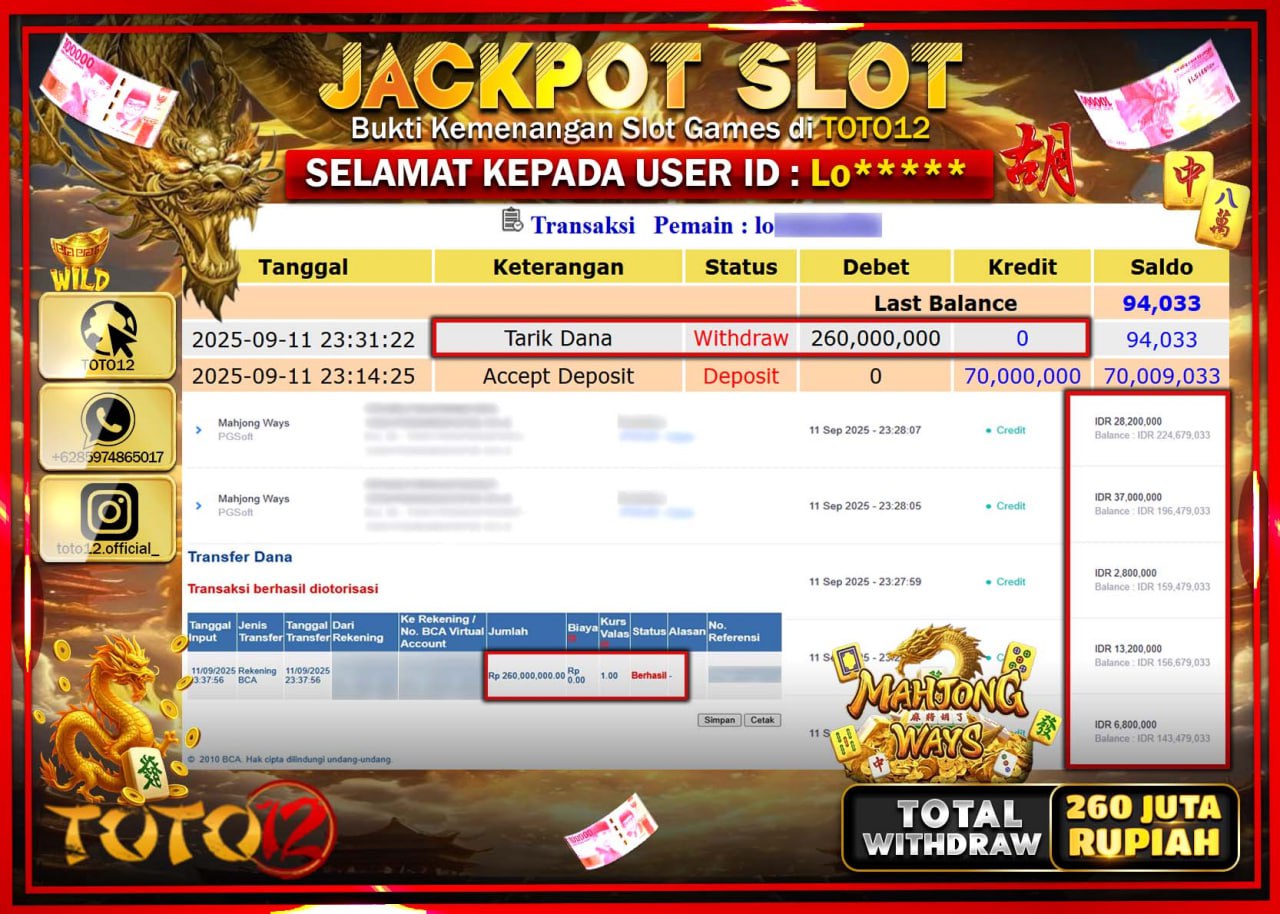 HANYA DI TOTO12 JP PASTI DI BAYAR LUNAS DAN CEPAT!!!!!! JACKPOT SLOT GAME (MAHJONG WAYS) Rp.260.000.000 !!!!