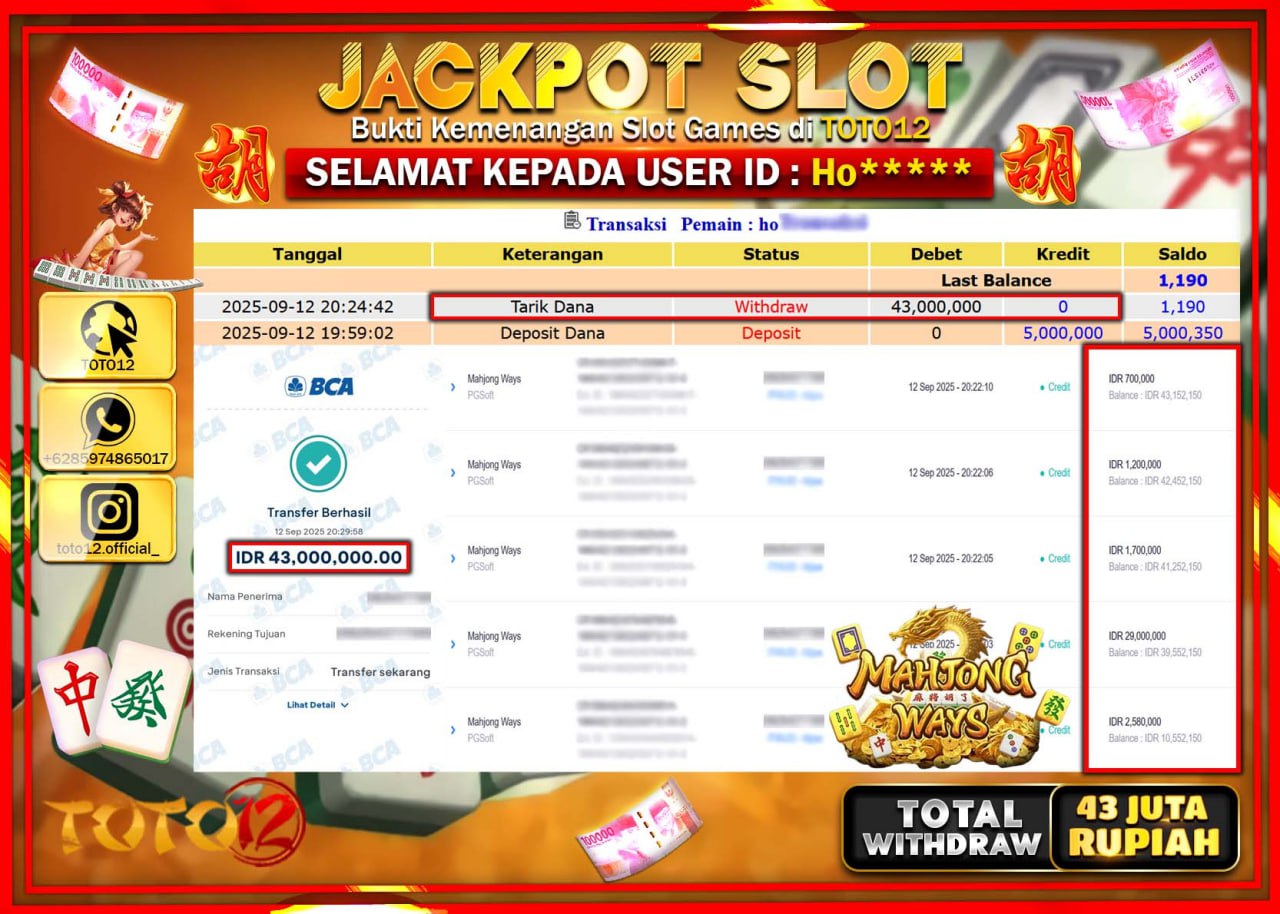 HANYA DI TOTO12 JP PASTI DI BAYAR LUNAS DAN CEPAT!!!!!! JACKPOT SLOT GAME (MAHJONG WAYS) Rp.43.000.000 !!!!