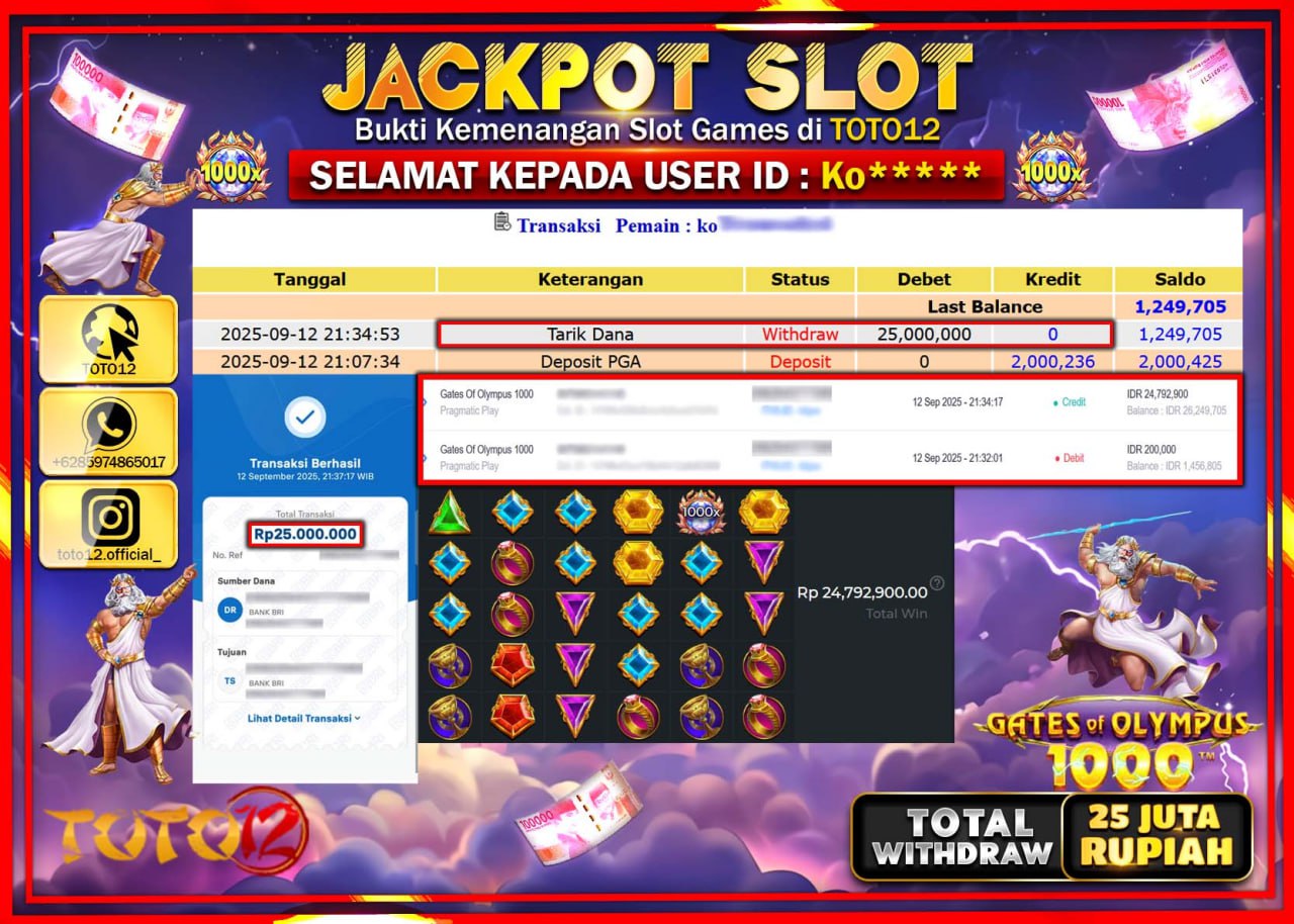 HANYA DI TOTO12 JP PASTI DI BAYAR LUNAS DAN CEPAT!!!!!! JACKPOT SLOT GAME (GATES OF OLYMPUS 1000) Rp.25.000.000 !!!!