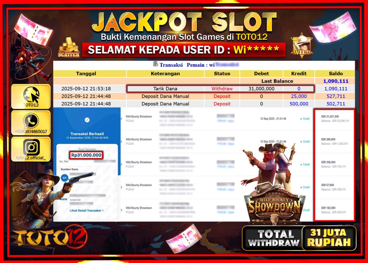 HANYA DI TOTO12 JP PASTI DI BAYAR LUNAS DAN CEPAT!!!!!! JACKPOT SLOT GAME (WILD BOUNTY SHOWDOWN) Rp.31.000.000 !!!!