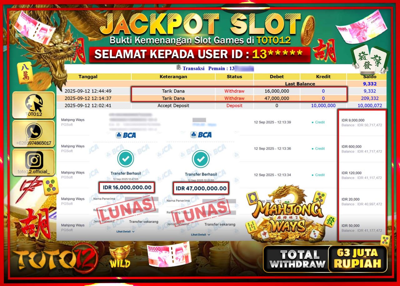 HANYA DI TOTO12 JP PASTI DI BAYAR LUNAS DAN CEPAT!!!!!! JACKPOT SLOT GAME (MAHJONG WAYS) Rp.63.000.000 !!!!