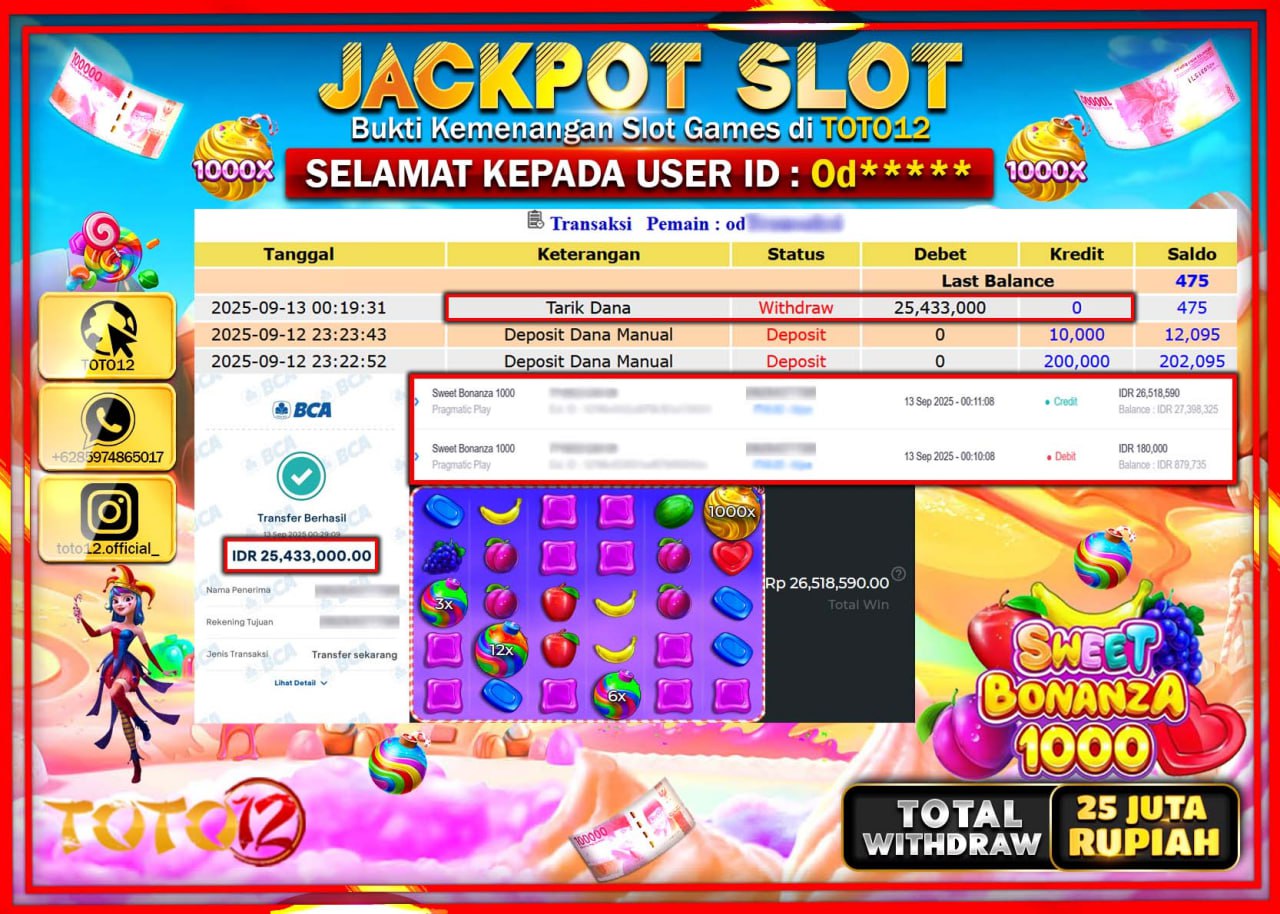 HANYA DI TOTO12 JP PASTI DI BAYAR LUNAS DAN CEPAT!!!!!! JACKPOT SLOT GAME (SWEET BONANZA 1000) Rp.25.433.000 !!!!
