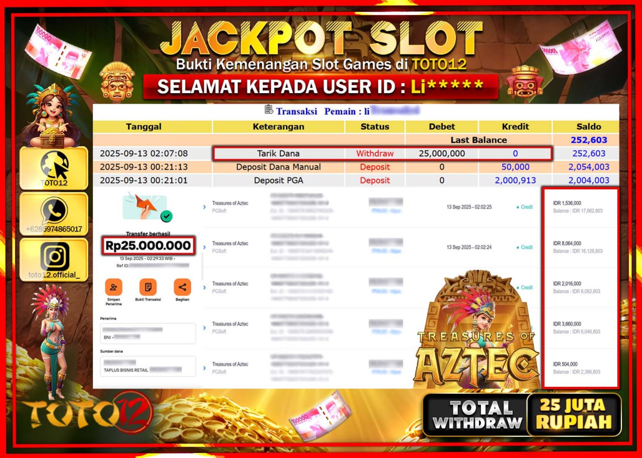 HANYA DI TOTO12 JP PASTI DI BAYAR LUNAS DAN CEPAT!!!!!! JACKPOT SLOT GAME (TREASURES OF AZTEC) Rp.25.000.000 !!!!