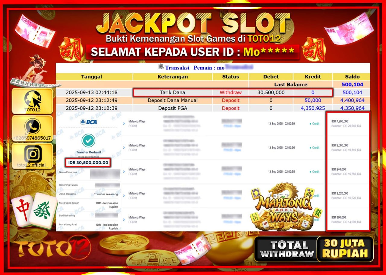 HANYA DI TOTO12 JP PASTI DI BAYAR LUNAS DAN CEPAT!!!!!! JACKPOT SLOT GAME (MAHJONG WAYS) Rp.30.500.000 !!!!