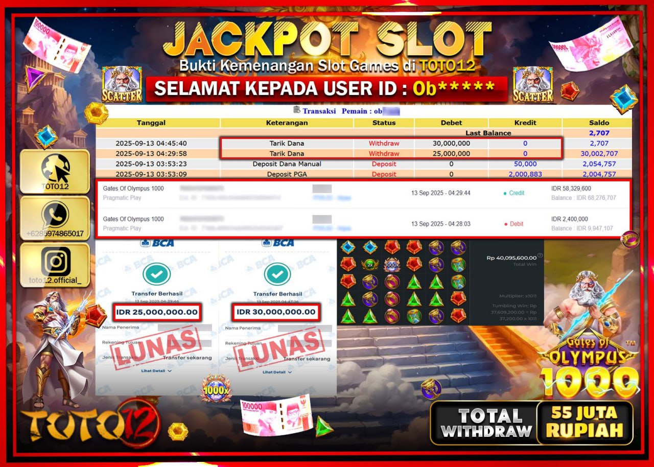 HANYA DI TOTO12 JP PASTI DI BAYAR LUNAS DAN CEPAT!!!!!! JACKPOT SLOT GAME (GATES OF OLYMPUS 1000) Rp.55.000.000 !!!!