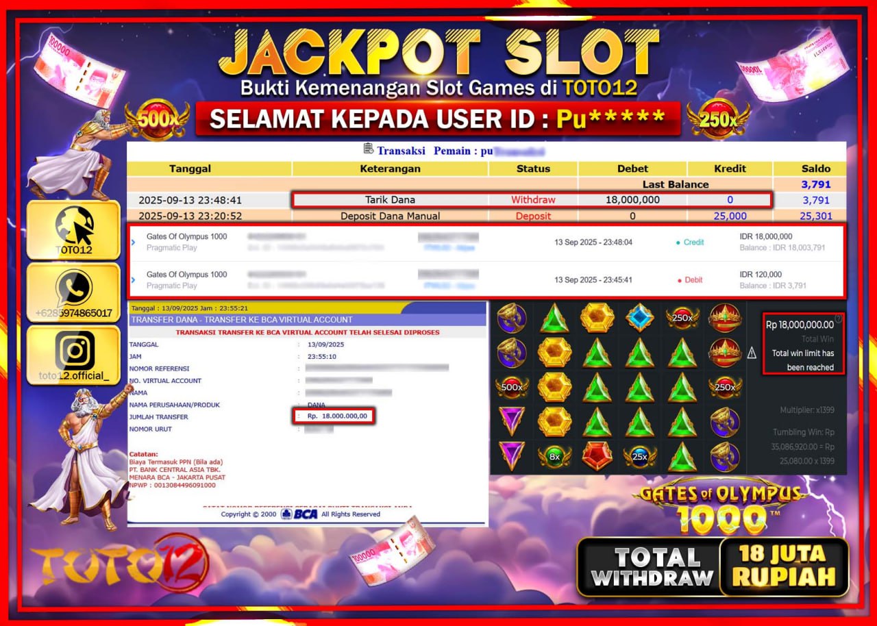 HANYA DI TOTO12 JP PASTI DI BAYAR LUNAS DAN CEPAT!!!!!! JACKPOT SLOT GAME (GATES OF OLYMPUS 1000) Rp.18.000.000 !!!!