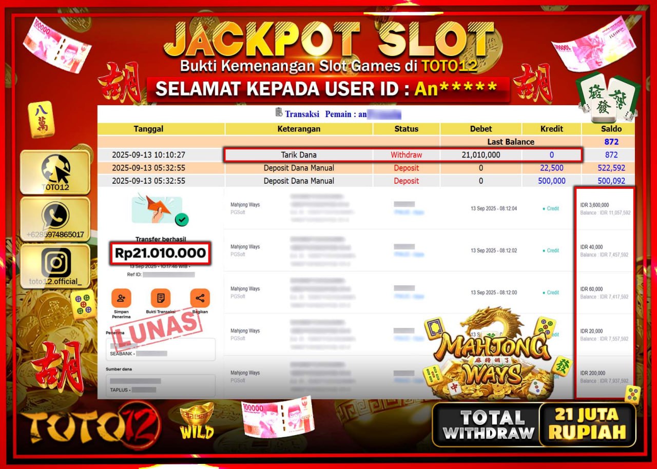HANYA DI TOTO12 JP PASTI DI BAYAR LUNAS DAN CEPAT!!!!!! JACKPOT SLOT GAME (MAHJONG WAYS) Rp.21.010.000 !!!!