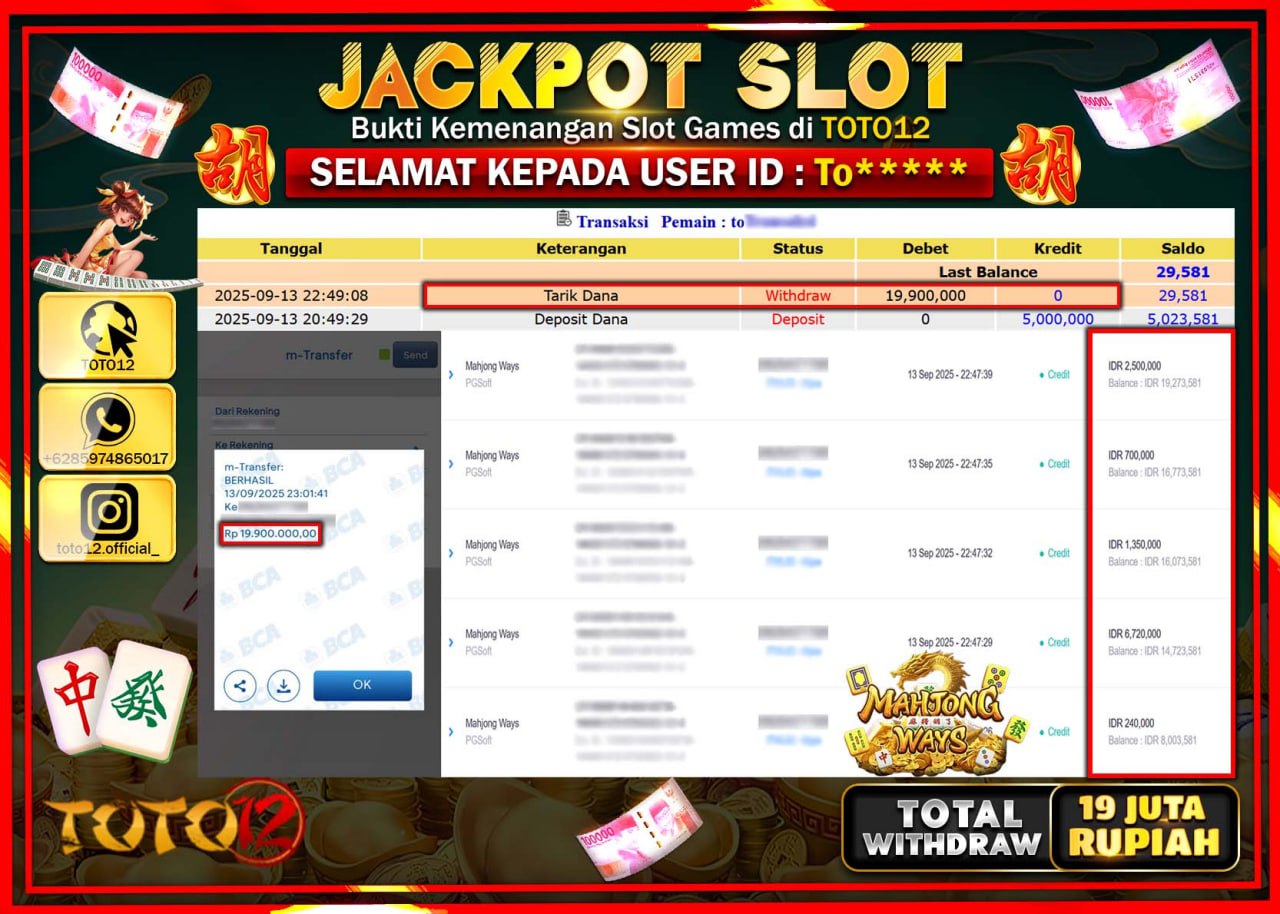 HANYA DI TOTO12 JP PASTI DI BAYAR LUNAS DAN CEPAT!!!!!! JACKPOT SLOT GAME (MAHJONG WAYS) Rp.19.900.000 !!!!